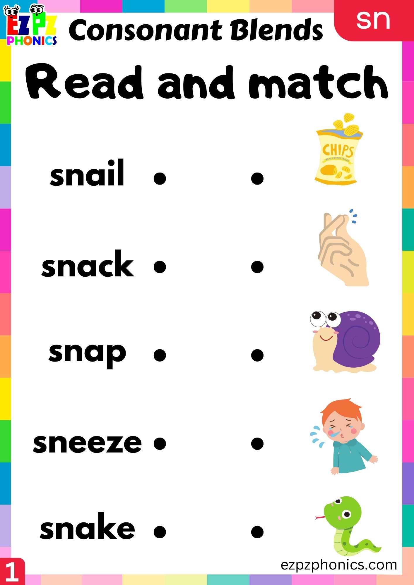 Group1 SN Words Read And Match Phonics Consonant Blends Worksheet